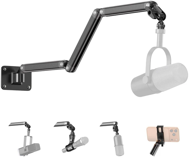Main image of Wall Mount Microphone Stand,3-Stage Aluminium Alloy 180° Adjustable Arm | Drilling Base with 3/8"-16 Thread Mount,Screw Adapters Mic Clip Phone Clamp for Shure/PGA/ Pyle/HyperX/Blue/iPhone/Webcam