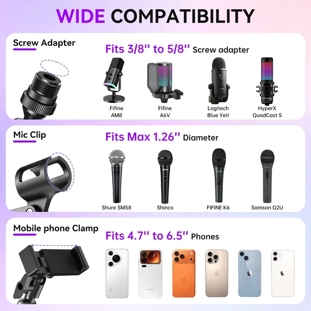 Alt view image 3 of 7 - Wall Mount Microphone Stand,3-Stage Aluminium Alloy 180° Adjustable Arm | Drilling Base with 3/8"-16 Thread Mount,Screw Adapters Mic Clip Phone Clamp for Shure/PGA/ Pyle/HyperX/Blue/iPhone/Webcam