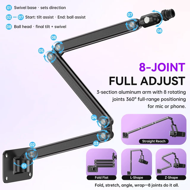 Alt view image 5 of 7 - Wall Mount Microphone Stand,3-Stage Aluminium Alloy 180° Adjustable Arm | Drilling Base with 3/8"-16 Thread Mount,Screw Adapters Mic Clip Phone Clamp for Shure/PGA/ Pyle/HyperX/Blue/iPhone/Webcam