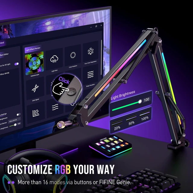 Alt view image 5 of 7 - FIFINE AmpliGame BM38 Metal Microphone Boom Arm Stand with RGB for Gaming | Gaming RGB Mic Arm, Desk Mount Clamp, 3/8 to 5/8 Screw Adapter, for Recording Streaming