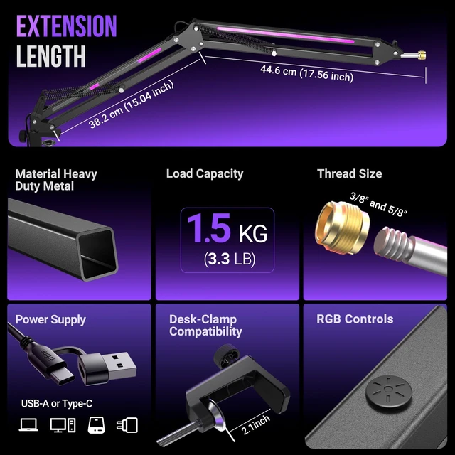 Alt view image 4 of 7 - FIFINE AmpliGame BM38 Metal Microphone Boom Arm Stand with RGB for Gaming | Gaming RGB Mic Arm, Desk Mount Clamp, 3/8 to 5/8 Screw Adapter, for Recording Streaming