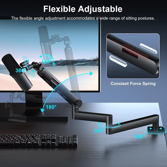 Alt view image 3 of 7 - Microphone Arm,AK-59i Desk Low Profile Mic Boom Arm Stand | With 3/8" to 5/8" Adapter and 3/8" to 1/4"Adapter Suitable For Blue Yeti,HyperX QuadCast,SoloCast,Elgato Wave,Etc