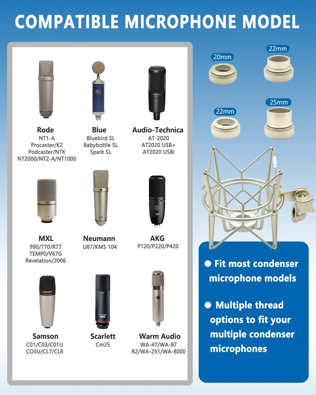Alt view image 2 of 7 - AT2020 Shock Mount Universal Microphone Holder Spider Recording Mic Shockmount Stand Compatible with Many Condenser Mics Like Rode NT1-A NT2-A Procaster MXL 990 770 U87 (Champagne)