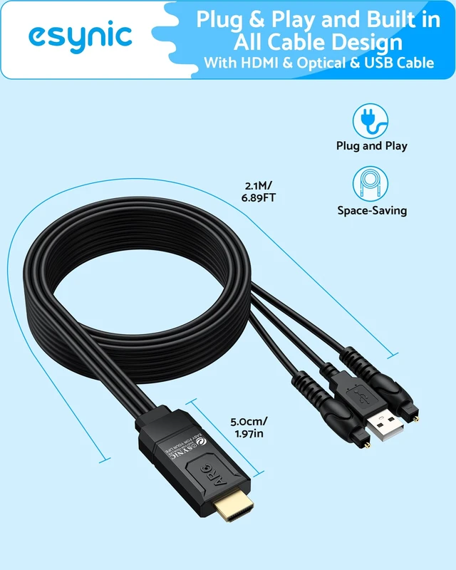 Alt view image 6 of 7 - 7ft eARC/ARC to Dual Optical Audio Cable Adapter-HDMI eARC/ARC to 2 SPDIF Output-192KHz 24bit DAC-Support Dolby/DTS 5.1-All-in-One Integrated Design for Soundbar&Wireless HeadphoneUSB Powered