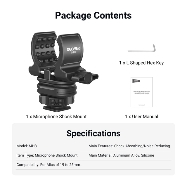 Alt view image 7 of 7 - Microphone Holder with Cold Shoe Adapter Shock Absorb Mic Mount, MH3 | Noise Reducing Accessories with Built in Silicone Pads, for Mics of 0.7" to 1" (19 to 25mm) in Diameter