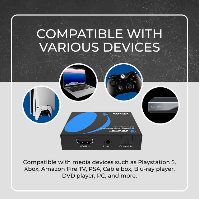 Alt view image 4 of 7 - 18Gbps 4K@60Hz HDMI Audio Embedder, 3.5mm, Optical, CEC, HDCP 2.2, HDR | HDMI Audio Inserter, Optical Audio Embedder, 4K60 HDR, Dolby 5.1, DTS 5.1, LPCM, DVI Compatible