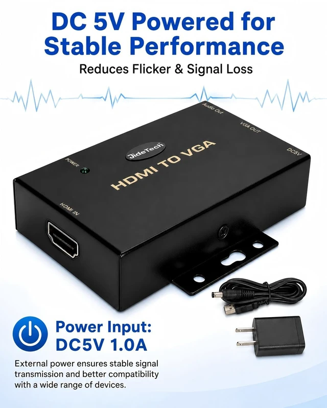 Alt view image 5 of 7 - HDMI to VGA Converter with Audio, 1080P Active HDMI Source to VGA Display Adapter, DC 5V Powered, 3.5mm Audio Output, One-Way HDMI to VGA Converter for Monitor and Projector