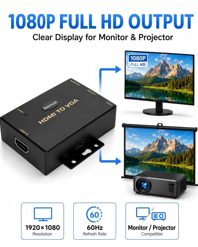 Alt view image 3 of 7 - HDMI to VGA Converter with Audio, 1080P Active HDMI Source to VGA Display Adapter, DC 5V Powered, 3.5mm Audio Output, One-Way HDMI to VGA Converter for Monitor and Projector