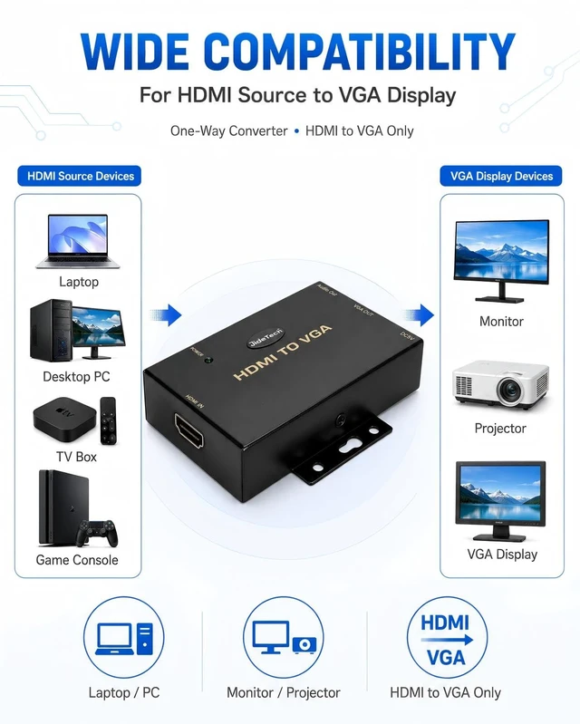 Alt view image 7 of 7 - HDMI to VGA Converter with Audio, 1080P Active HDMI Source to VGA Display Adapter, DC 5V Powered, 3.5mm Audio Output, One-Way HDMI to VGA Converter for Monitor and Projector