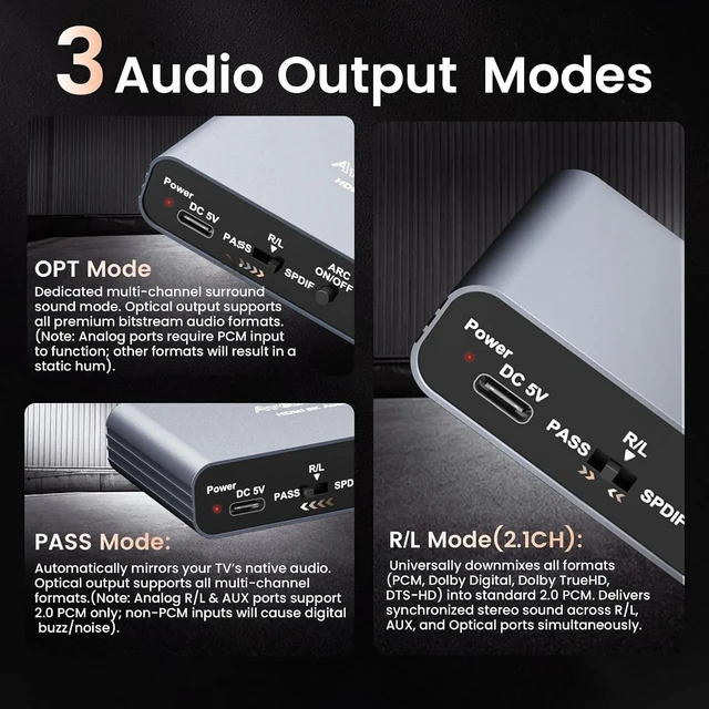 Alt view image 4 of 7 - ARC HDMI Audio Extractor 4K@60Hz eARC/ARC to Optical SPDIF RCA AUX | Supports LPCM 5.1/DTS, converts HDMI ARC/eARC audio to Optical SPDIF, RCA and 3.5mm AUX for TV, PS5 and soundbar
