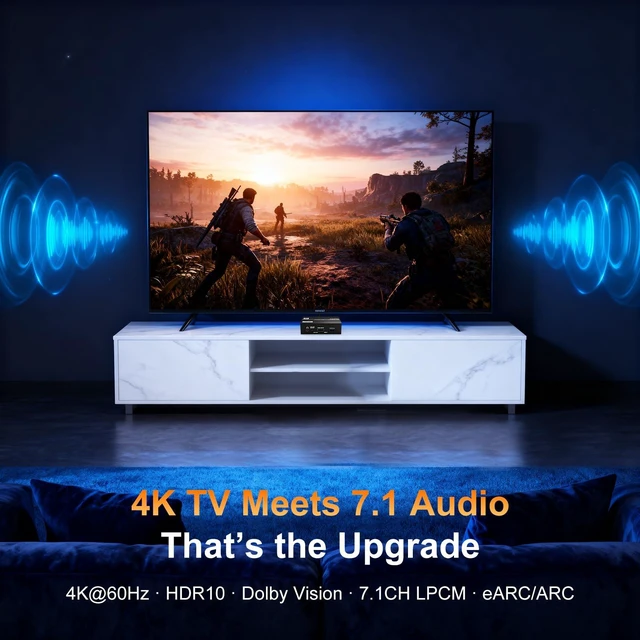 Alt view image 2 of 7 - HDMI Audio Extractor eARC 4K 60Hz 7.1CH HDCP2.3 SPDIF Coax 3.5mm | eARC/ARC audio return, 4-mode TV/2.0/5.1/7.1 switch, optical SPDIF/coax/3.5mm out, Dolby Atmos/DTS:X, HDR10, 18Gbps