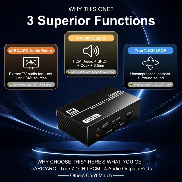 Alt view image 3 of 7 - HDMI Audio Extractor eARC 4K 60Hz 7.1CH HDCP2.3 SPDIF Coax 3.5mm | eARC/ARC audio return, 4-mode TV/2.0/5.1/7.1 switch, optical SPDIF/coax/3.5mm out, Dolby Atmos/DTS:X, HDR10, 18Gbps
