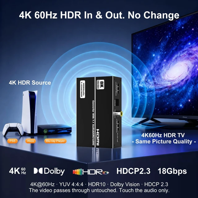 Alt view image 7 of 7 - HDMI Audio Extractor eARC 4K 60Hz 7.1CH HDCP2.3 SPDIF Coax 3.5mm | eARC/ARC audio return, 4-mode TV/2.0/5.1/7.1 switch, optical SPDIF/coax/3.5mm out, Dolby Atmos/DTS:X, HDR10, 18Gbps