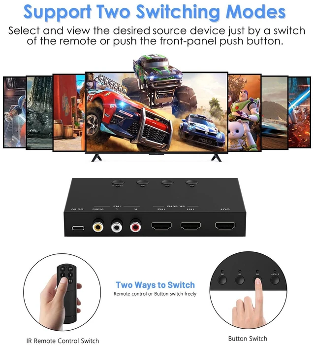 Alt view image 4 of 7 - 3-Port 8K@60Hz HDMI Switch with AV Input, 2X HDMI & 1x RCA to HDMI Converter Supports HDR10, HDCP 2.2, 3D with IR Remote Control, Compatible with Xbox/PS2/Nintendo Switch,Xbox,PS5/PS4,Roku,Apple TV