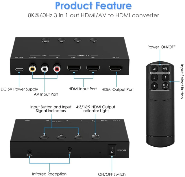 Alt view image 2 of 7 - 3-Port 8K@60Hz HDMI Switch with AV Input, 2X HDMI & 1x RCA to HDMI Converter Supports HDR10, HDCP 2.2, 3D with IR Remote Control, Compatible with Xbox/PS2/Nintendo Switch,Xbox,PS5/PS4,Roku,Apple TV