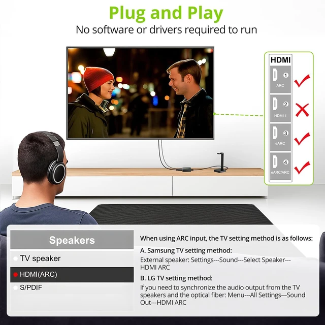 Alt view image 3 of 7 - HDMI eARC ARC to Optical Audio Converter,192kHz Dolby DTS Supported | Comes with 2.1M cable, audio signal indicator, no CEC function, works for TV, soundbar, home theater & wireless headphones