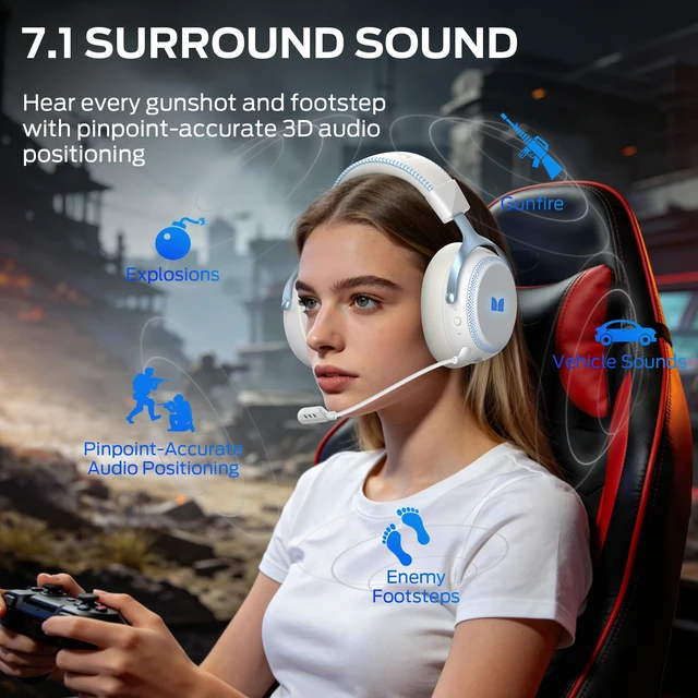 Alt view image 2 of 7 - Mission 350 Wireless Gaming Headset for PC, Ps4, Ps5, Xbox Headset with Virtual 7.1 Surround Sound Gaming Headphones, RGB Lights Over Ear Headphones for Switch, Xbox Series X/S, Laptop, Mobile
