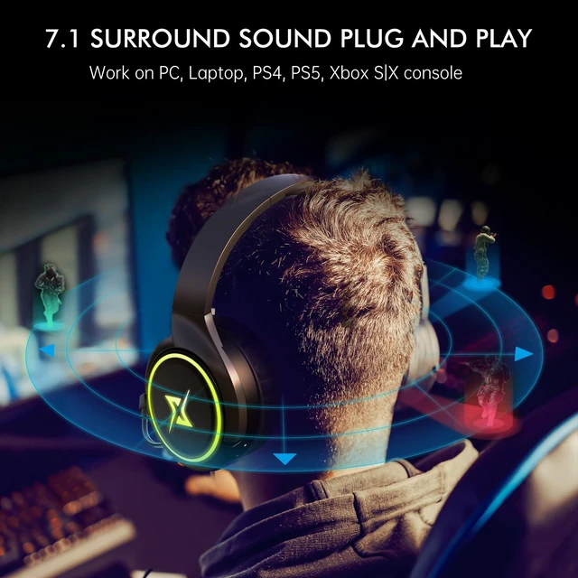 Alt view image 3 of 7 - 2.4G Wireless Gaming Headset for PC, PS4, PS5, Mac,Mobile- Rotatable & Foldable Bluetooth V5.3 Headphone-20h Battery & RGB Light-Memory Ear Pads-Stretchable Noise Cancelling