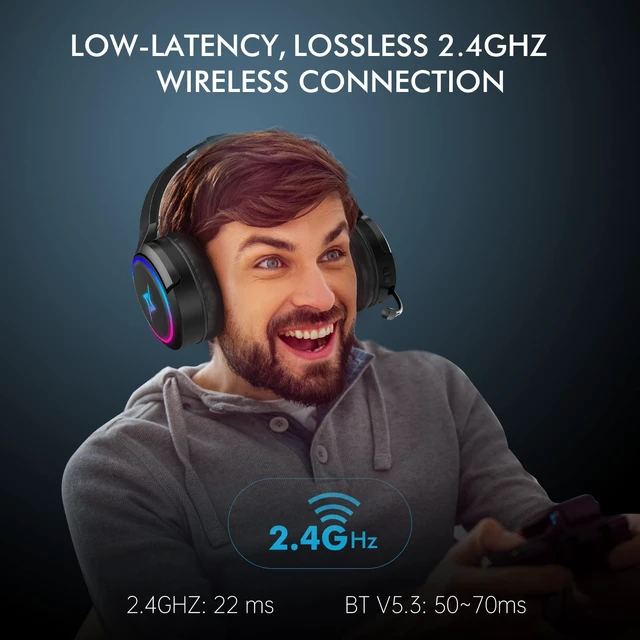Alt view image 2 of 7 - 2.4G Wireless Gaming Headset for PC, PS4, PS5, Mac,Mobile- Rotatable & Foldable Bluetooth V5.3 Headphone-20h Battery & RGB Light-Memory Ear Pads-Stretchable Noise Cancelling