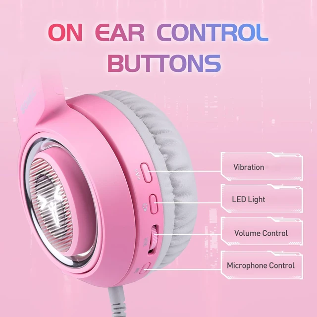 Alt view image 2 of 7 - G951pink Gaming Headset for PC, PS4, PS5, Laptop, Cat Ear Headphone USB Gaming Headphones with Mic Noise Cancelling, LED Light, 7.1 Virtual Surround Sound for Girls, Women