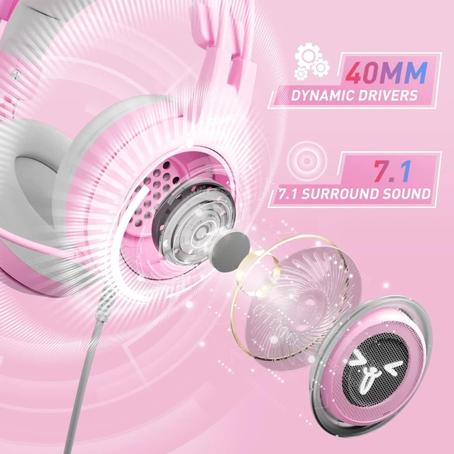 Alt view image 7 of 7 - G951pink Gaming Headset for PC, PS4, PS5, Laptop, Cat Ear Headphone USB Gaming Headphones with Mic Noise Cancelling, LED Light, 7.1 Virtual Surround Sound for Girls, Women