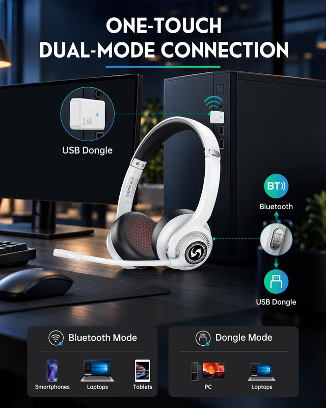 Alt view image 2 of 7 - Wireless Headset for Work, HD Sound Bluetooth Headphones with Mic | with ENC Noise Cancelling Microphone and Mute Office/Video Calls/Business/WFH/Home, 50H Playtime for PC/Laptop/Cell Phone