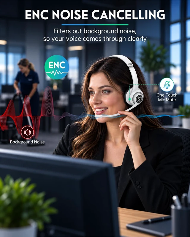 Alt view image 3 of 7 - Wireless Headset for Work, HD Sound Bluetooth Headphones with Mic | with ENC Noise Cancelling Microphone and Mute Office/Video Calls/Business/WFH/Home, 50H Playtime for PC/Laptop/Cell Phone