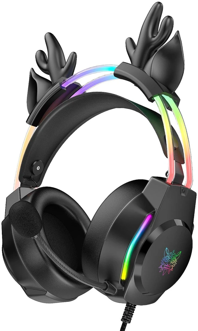 Main image of Gaming Headset with Microphone, Deer Ears Headphones for PC Laptop PS4 PS5 Switch, Rainbow RGB Lighting & Virtual Surround Sound, 3.5mm Over Ear Headphones, Ergonomic