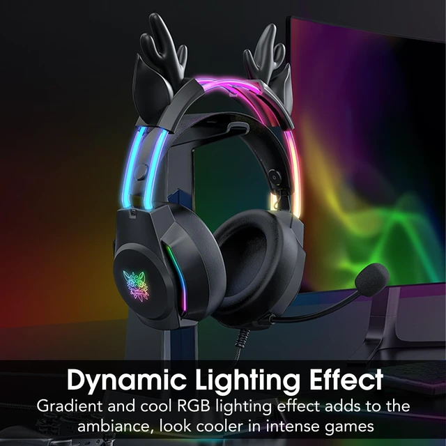 Alt view image 2 of 6 - Gaming Headset with Microphone, Deer Ears Headphones for PC Laptop PS4 PS5 Switch, Rainbow RGB Lighting & Virtual Surround Sound, 3.5mm Over Ear Headphones, Ergonomic