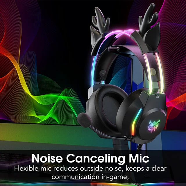 Alt view image 3 of 6 - Gaming Headset with Microphone, Deer Ears Headphones for PC Laptop PS4 PS5 Switch, Rainbow RGB Lighting & Virtual Surround Sound, 3.5mm Over Ear Headphones, Ergonomic