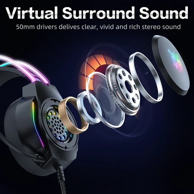 Alt view image 4 of 6 - Gaming Headset with Microphone, Deer Ears Headphones for PC Laptop PS4 PS5 Switch, Rainbow RGB Lighting & Virtual Surround Sound, 3.5mm Over Ear Headphones, Ergonomic