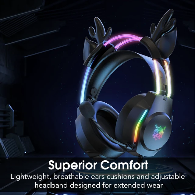 Alt view image 5 of 6 - Gaming Headset with Microphone, Deer Ears Headphones for PC Laptop PS4 PS5 Switch, Rainbow RGB Lighting & Virtual Surround Sound, 3.5mm Over Ear Headphones, Ergonomic