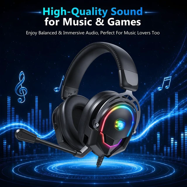 Alt view image 2 of 7 - K98 Wired RGB Gaming Headset with Mic, Over Ear Gaming Headphones, 50mm Neodymium Drivers, Noise Isolating Microphone, Memory Foam Cushions, Aluminum Alloy Frame for PC, PS5, PS4, Xbox, Switch