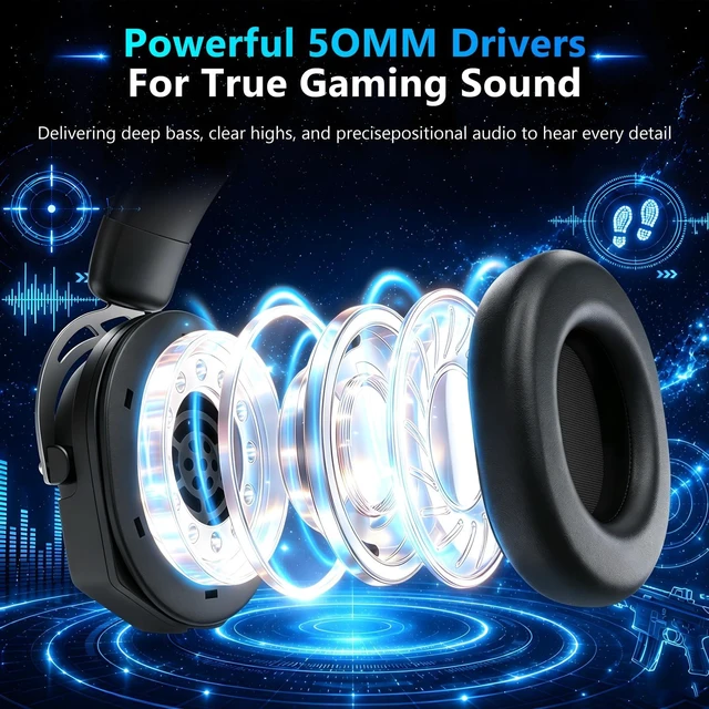 Alt view image 3 of 7 - K98 Wired RGB Gaming Headset with Mic, Over Ear Gaming Headphones, 50mm Neodymium Drivers, Noise Isolating Microphone, Memory Foam Cushions, Aluminum Alloy Frame for PC, PS5, PS4, Xbox, Switch