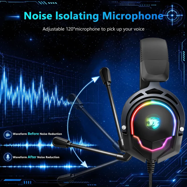 Alt view image 4 of 7 - K98 Wired RGB Gaming Headset with Mic, Over Ear Gaming Headphones, 50mm Neodymium Drivers, Noise Isolating Microphone, Memory Foam Cushions, Aluminum Alloy Frame for PC, PS5, PS4, Xbox, Switch