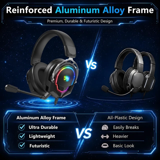 Alt view image 5 of 7 - K98 Wired RGB Gaming Headset with Mic, Over Ear Gaming Headphones, 50mm Neodymium Drivers, Noise Isolating Microphone, Memory Foam Cushions, Aluminum Alloy Frame for PC, PS5, PS4, Xbox, Switch