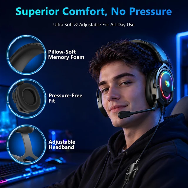 Alt view image 6 of 7 - K98 Wired RGB Gaming Headset with Mic, Over Ear Gaming Headphones, 50mm Neodymium Drivers, Noise Isolating Microphone, Memory Foam Cushions, Aluminum Alloy Frame for PC, PS5, PS4, Xbox, Switch