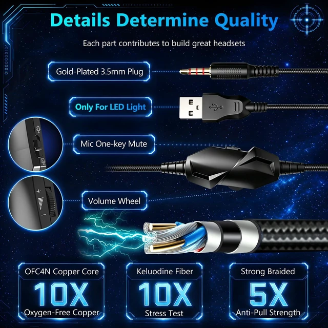 Alt view image 7 of 7 - K98 Wired RGB Gaming Headset with Mic, Over Ear Gaming Headphones, 50mm Neodymium Drivers, Noise Isolating Microphone, Memory Foam Cushions, Aluminum Alloy Frame for PC, PS5, PS4, Xbox, Switch