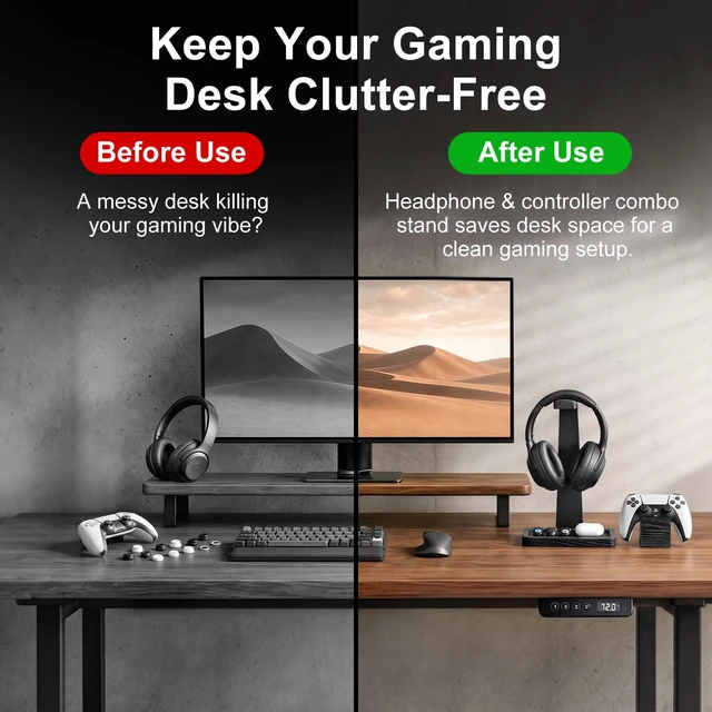 Alt view image 2 of 7 - Solid Wood Metal Headphone Stand with Modular Controller Holder for Desk | Gaming Headset Holder with Pen Cup Storage, Controller Stand Fits PS5 Xbox, AirPods Max, for Husband, Boyfriend, Son