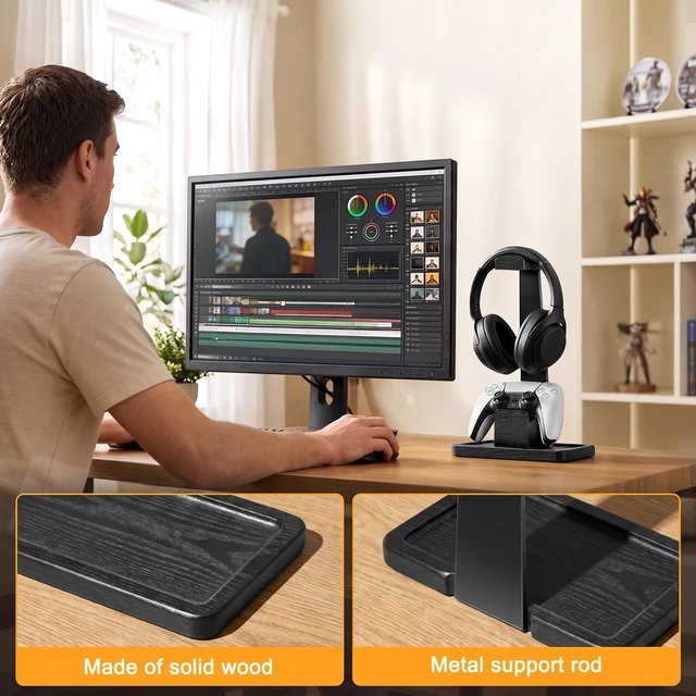 Alt view image 3 of 7 - Solid Wood Metal Headphone Stand with Modular Controller Holder for Desk | Gaming Headset Holder with Pen Cup Storage, Controller Stand Fits PS5 Xbox, AirPods Max, for Husband, Boyfriend, Son