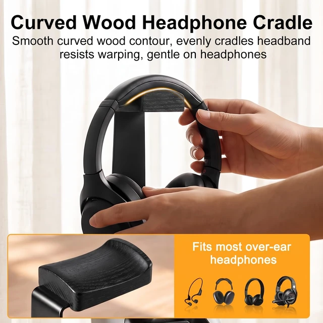 Alt view image 4 of 7 - Solid Wood Metal Headphone Stand with Modular Controller Holder for Desk | Gaming Headset Holder with Pen Cup Storage, Controller Stand Fits PS5 Xbox, AirPods Max, for Husband, Boyfriend, Son