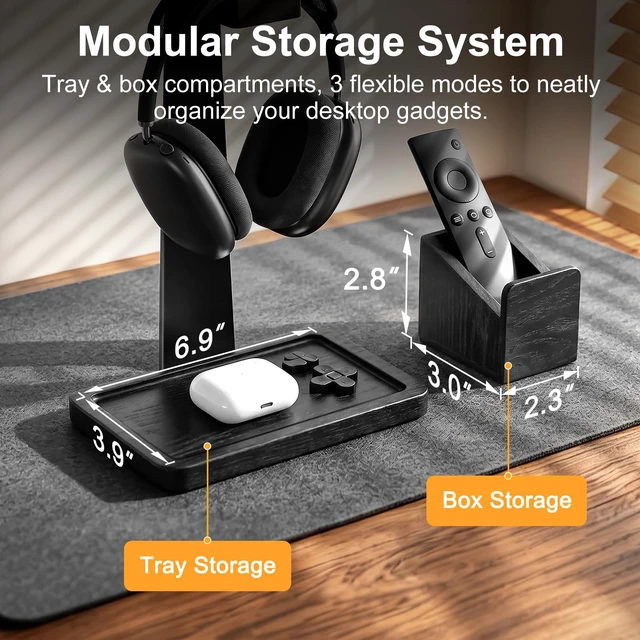 Alt view image 5 of 7 - Solid Wood Metal Headphone Stand with Modular Controller Holder for Desk | Gaming Headset Holder with Pen Cup Storage, Controller Stand Fits PS5 Xbox, AirPods Max, for Husband, Boyfriend, Son