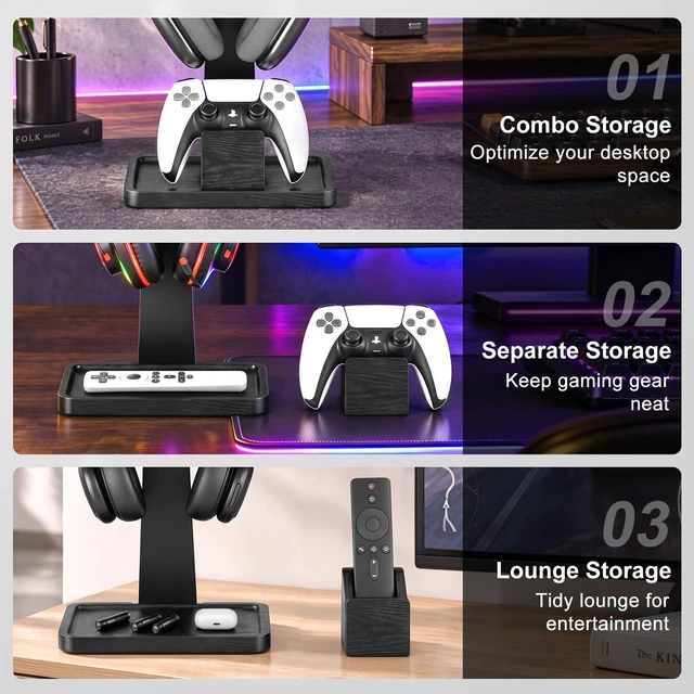 Alt view image 6 of 7 - Solid Wood Metal Headphone Stand with Modular Controller Holder for Desk | Gaming Headset Holder with Pen Cup Storage, Controller Stand Fits PS5 Xbox, AirPods Max, for Husband, Boyfriend, Son