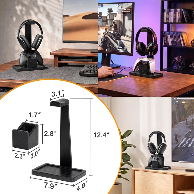 Alt view image 7 of 7 - Solid Wood Metal Headphone Stand with Modular Controller Holder for Desk | Gaming Headset Holder with Pen Cup Storage, Controller Stand Fits PS5 Xbox, AirPods Max, for Husband, Boyfriend, Son