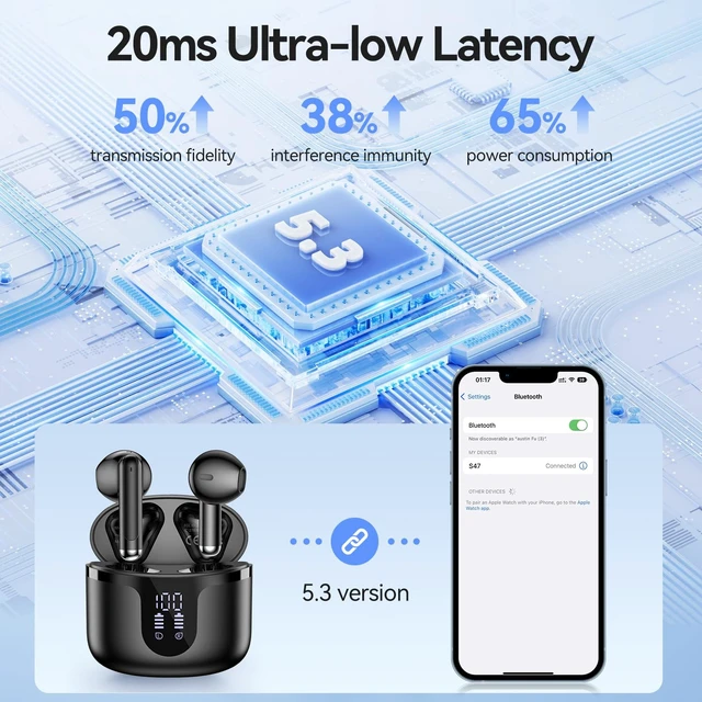 Alt view image 3 of 7 - Wireless Earbuds, 2026 Bluetooth 5.4 Headphones Bass Stereo Ear Buds with Noise Cancelling Mic, LED Display in Ear Earphones 50H Playtime Ear Buds, IP7 Waterproof for Laptop Pad Phones Dark Black