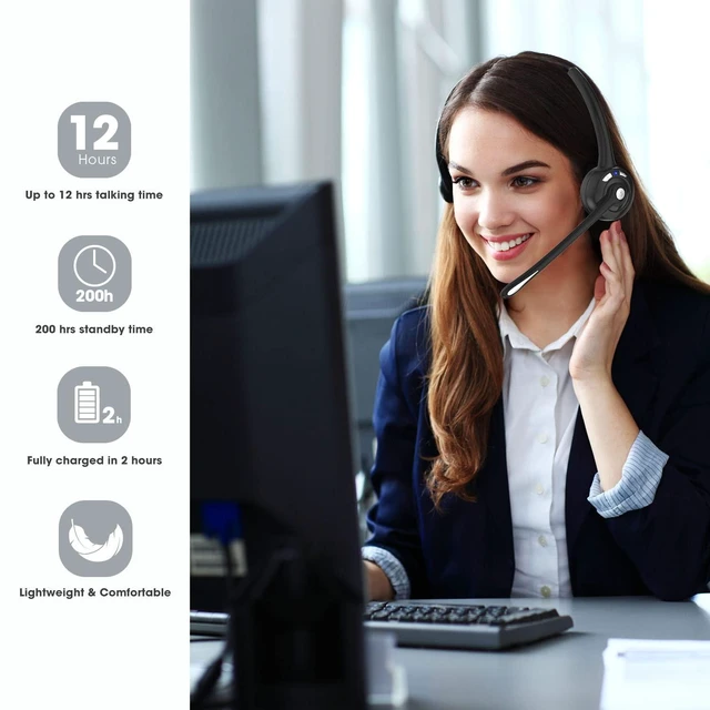 Alt view image 6 of 6 - Bluetooth Wireless Headset with Microphone,V5.1,Noise Canceling Wireless On Ear Headphones, Bluetooth Headphones with Mic, Phone Headset Mute Button for Laptop, Skype, Call Centers, Office, Trucker