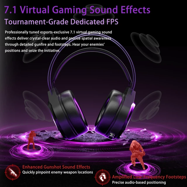 Alt view image 4 of 7 - Wireless Gaming Headset for PC,Laptop,Ps4, Ps5, Switch | Noise Cancelling Over Ear Headphones with Mic,RGB Light, Soft Memory Earmuffs-Black Purple
