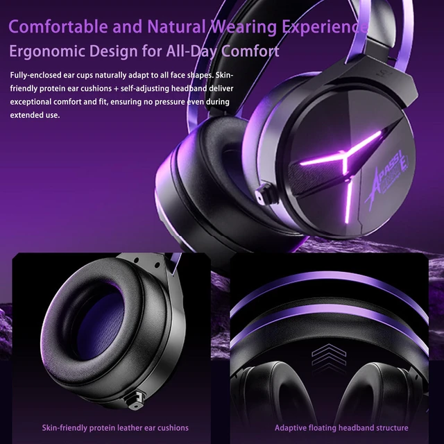 Alt view image 7 of 7 - Wireless Gaming Headset for PC,Laptop,Ps4, Ps5, Switch | Noise Cancelling Over Ear Headphones with Mic,RGB Light, Soft Memory Earmuffs-Black Purple
