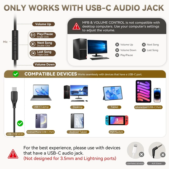 Alt view image 3 of 7 - USB C Wired Headphones with Mic, Volume Control for School, Black | Foldable Over-Ear Corded Headphones, Headphones for Teens Classroom Travel, 4.9ft Tangle-Free Cord for Tablet Phone Laptop PC