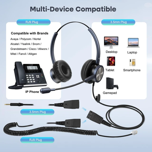 Alt view image 4 of 7 - Telephone Headset with RJ9 Jack & 3.5mm Connectors for Call Center Office Deskphone Cell Phone PC Laptop, Landline Phone Headset with Microphone Noise Canceling for Polycom Avaya Nortel
